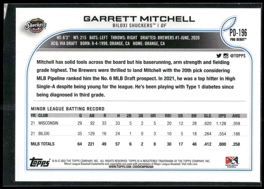 2022 Topps Pro Debut #PD-196 Garrett Mitchell