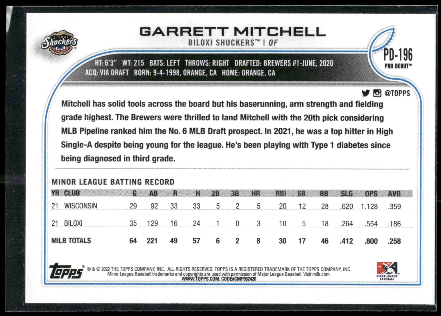 2022 Topps Pro Debut #PD-196 Garrett Mitchell
