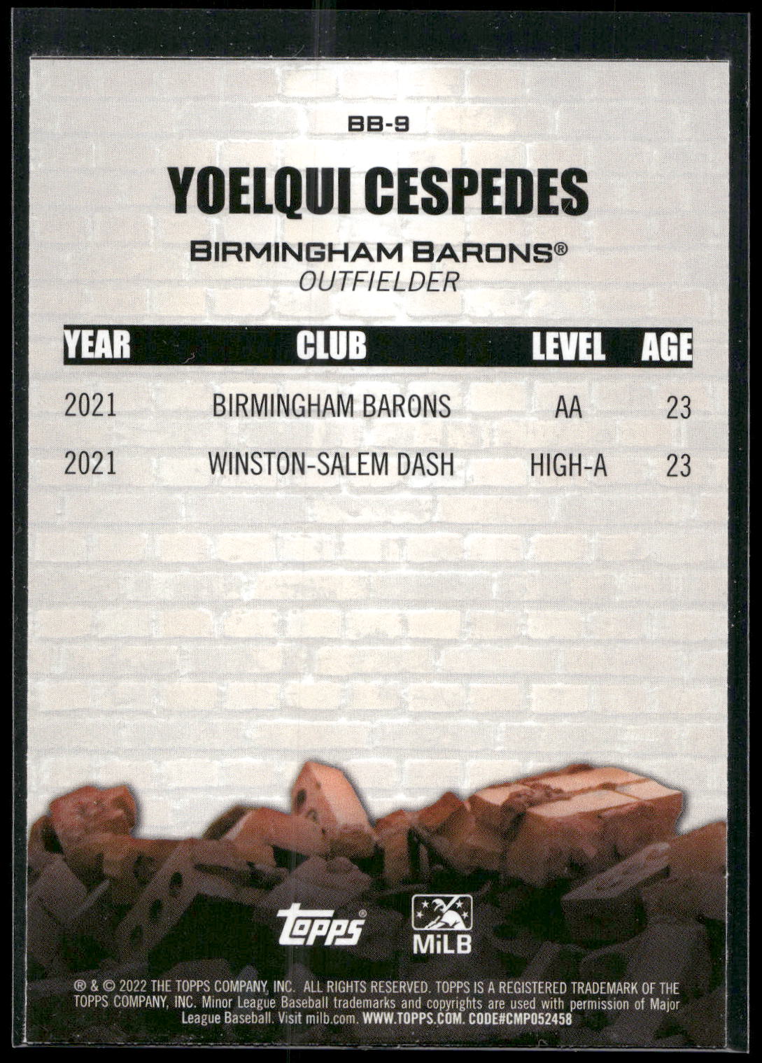 2022 Topps Pro Debut #BB-9 Yoelqui Cespedes Brick by Brick
