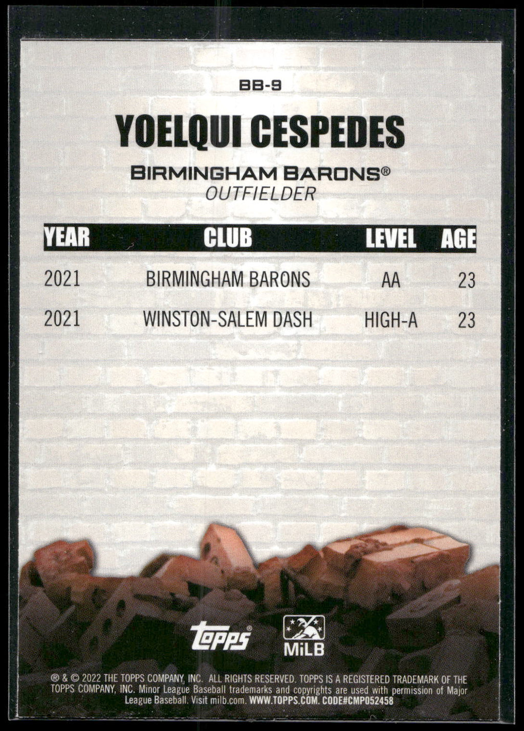 2022 Topps Pro Debut #BB-9 Yoelqui Cespedes Brick by Brick