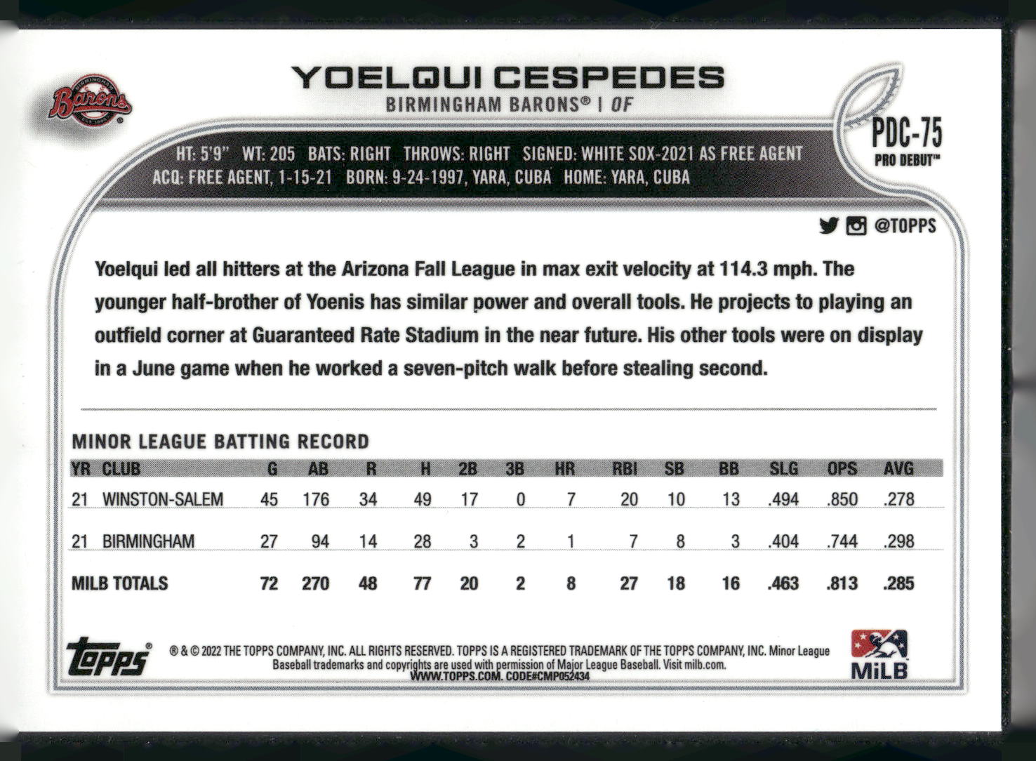 2022 Topps Pro Debut #PD-75 Yoelqui Cespedes