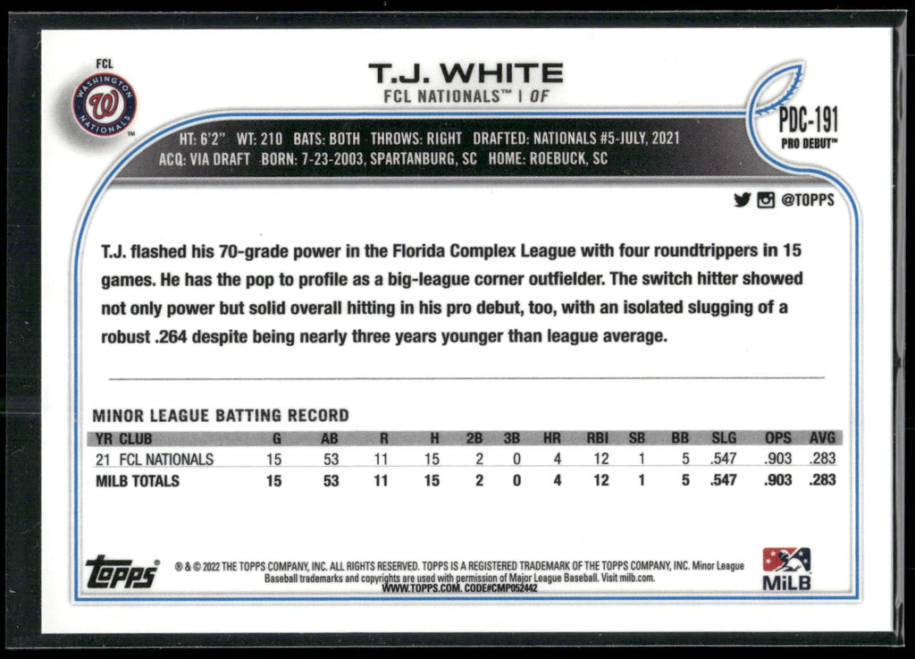 2022 Topps Pro Debut #PDC-191 T.J. White Chrome