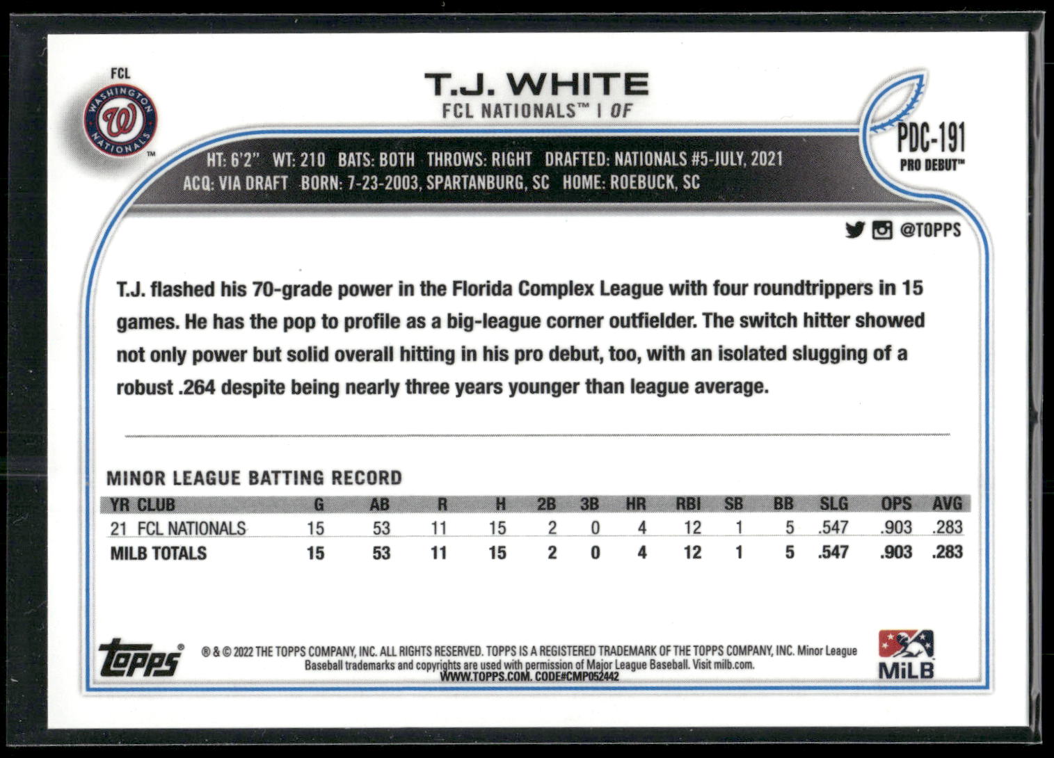 2022 Topps Pro Debut #PDC-191 T.J. White Chrome