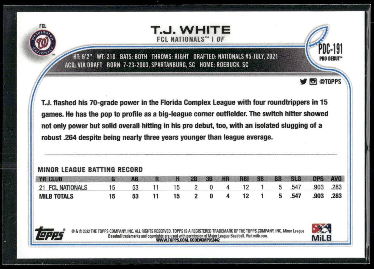 2022 Topps Pro Debut #PDC-191 T.J. White Chrome