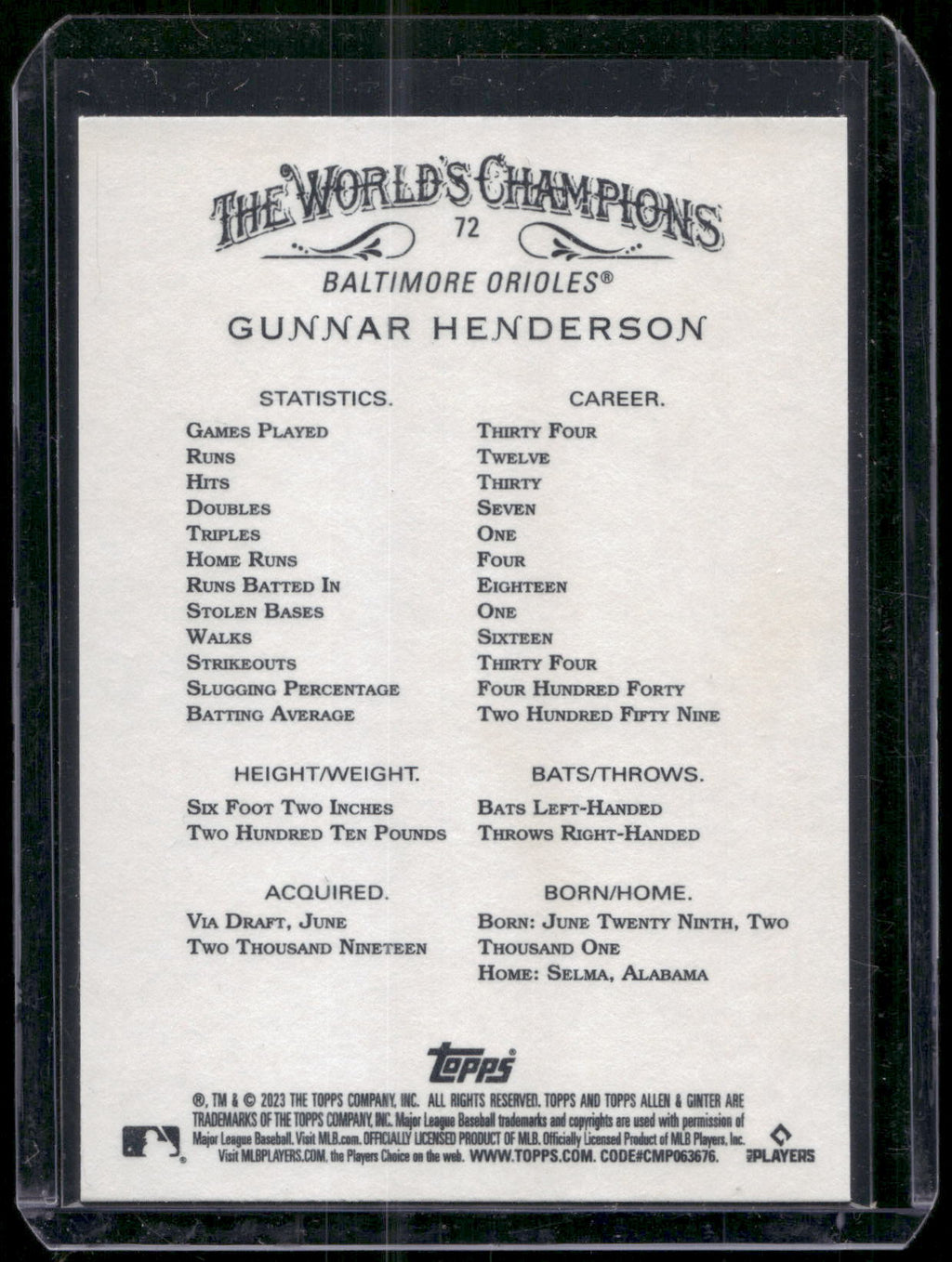 2023 Topps Allen & Ginter #72 Gunnar Henderson