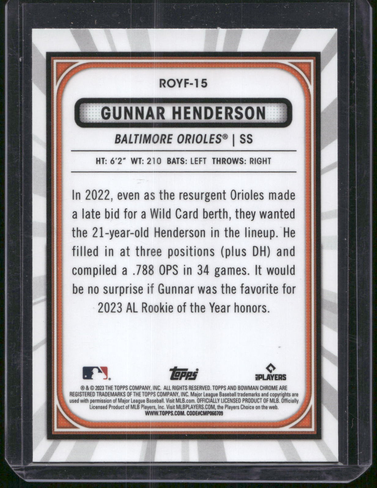 2023 Bowman #ROYF-15 Gunnar Henderson Rookie of the Year Favorites