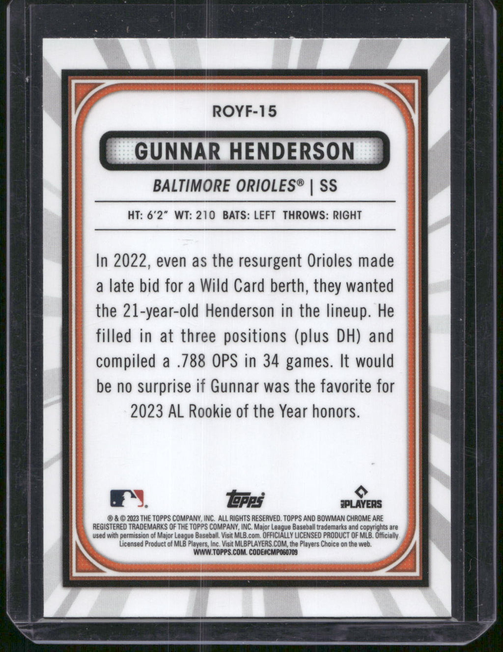 2023 Bowman #ROYF-15 Gunnar Henderson Rookie of the Year Favorites