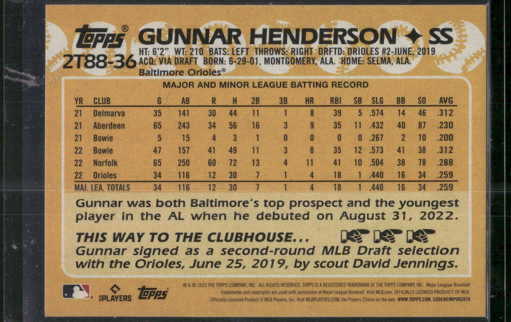 2023 Topps #2T88-36 Gunnar Henderson 1988 Topps Baseball 35th Anniversary