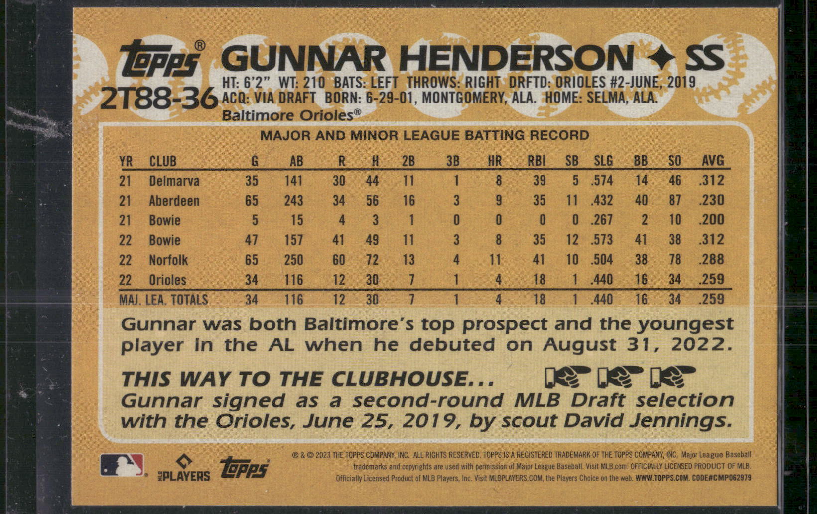 2023 Topps #2T88-36 Gunnar Henderson 1988 Topps Baseball 35th Anniversary