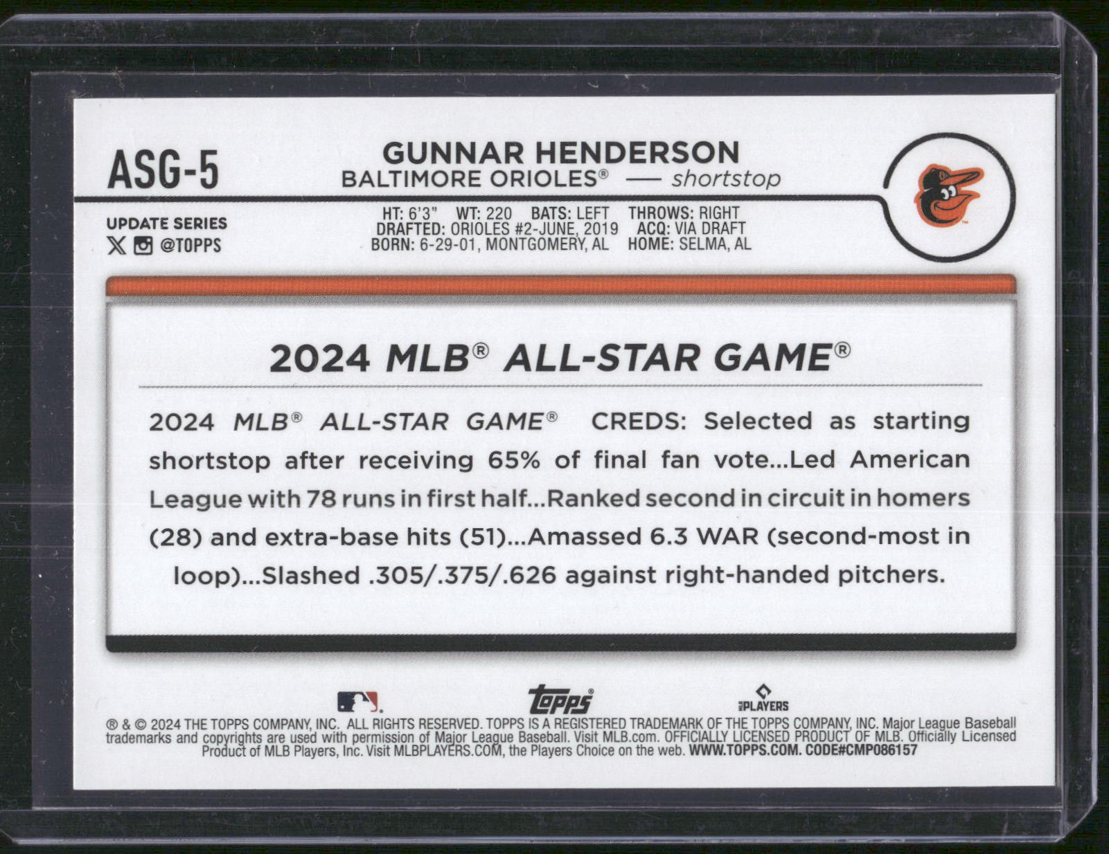 2024 Topps Update #ASG-5 Gunnar Henderson 2024 All-Star Game