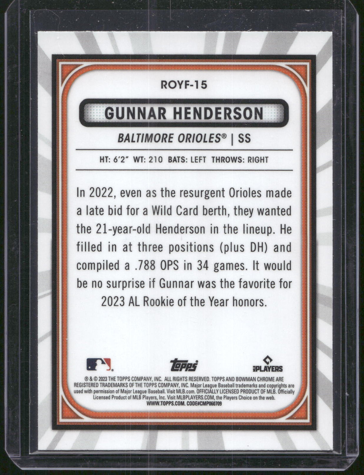 2023 Bowman #ROYF-15 Gunnar Henderson Rookie of the Year Favorites