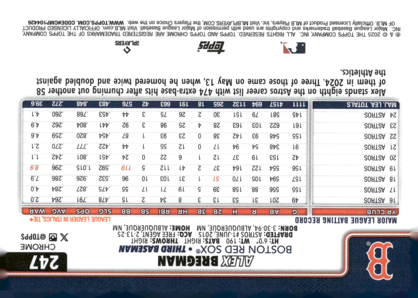 2025 Topps Chrome #247 Alex Bregman Refractors