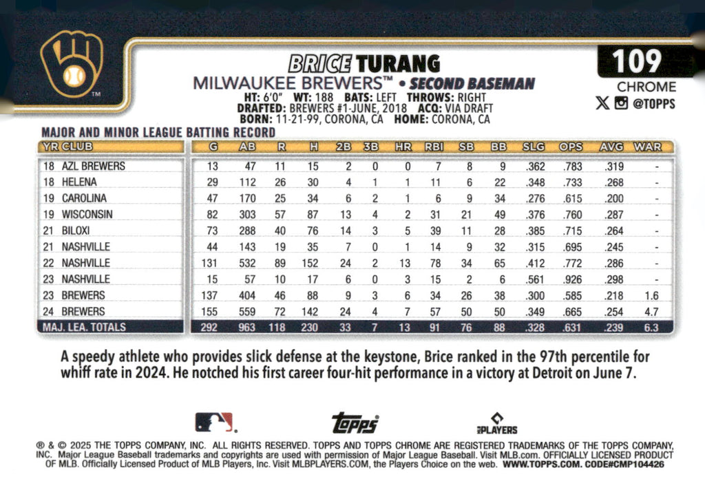2025 Topps Chrome #109 Brice Turang Refractors