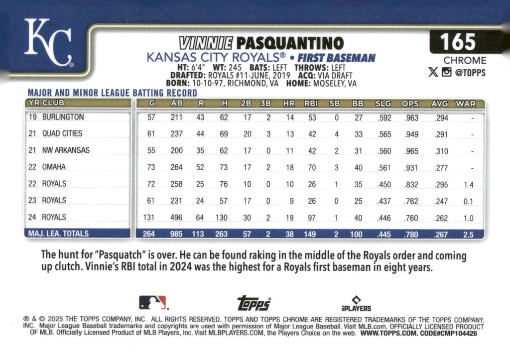 2025 Topps Chrome #165 Vinnie Pasquantino Refractors