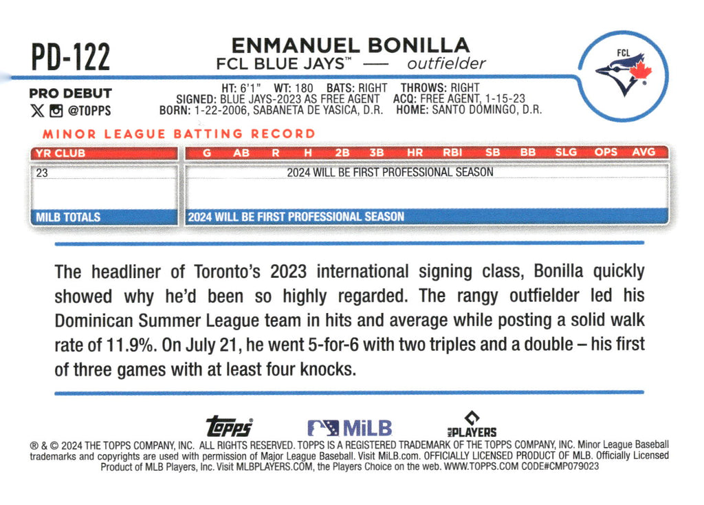 2024 Topps Pro Debut #PD-122 Enmanuel Bonilla