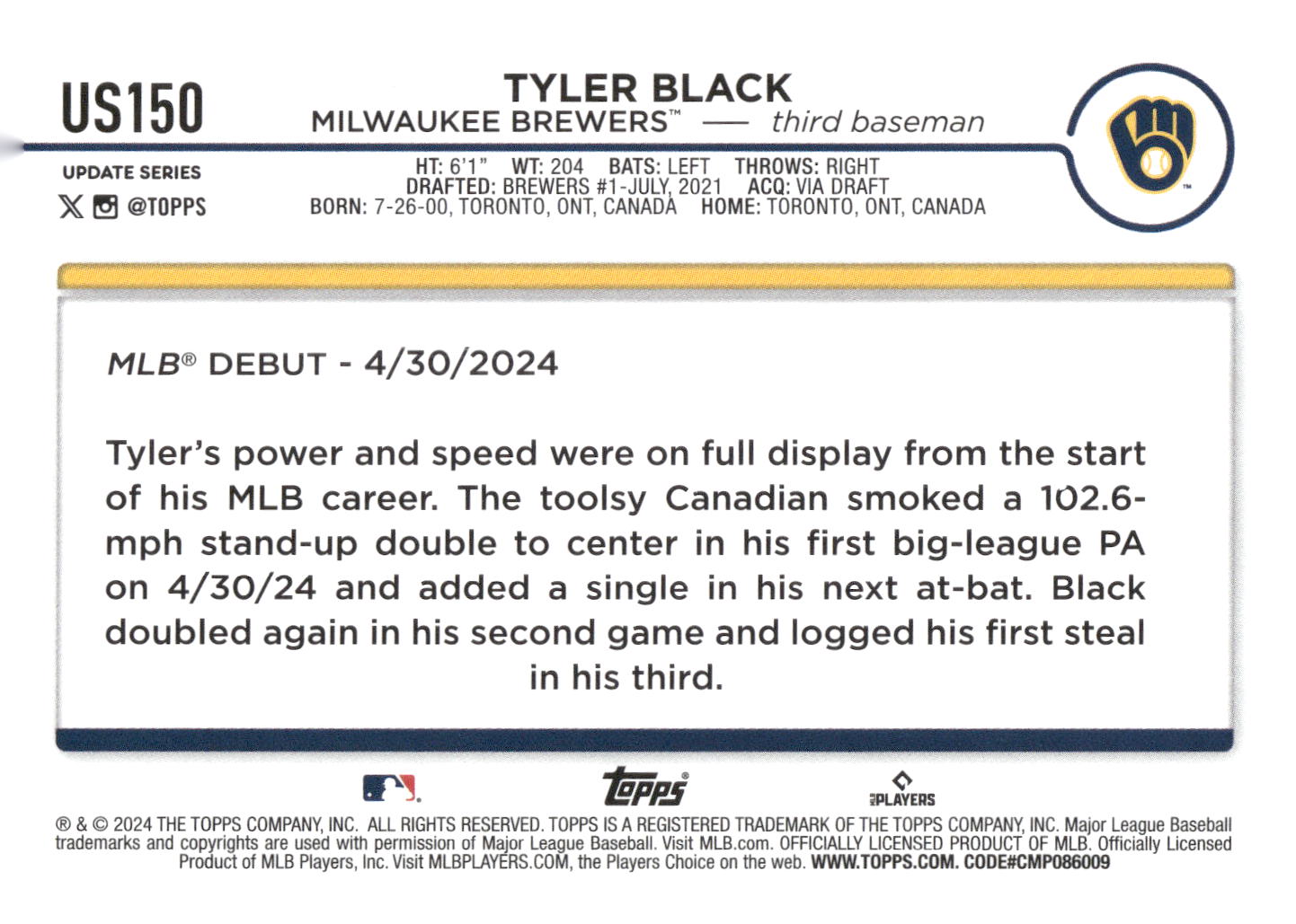 2024 Topps Update #US150 Tyler Black