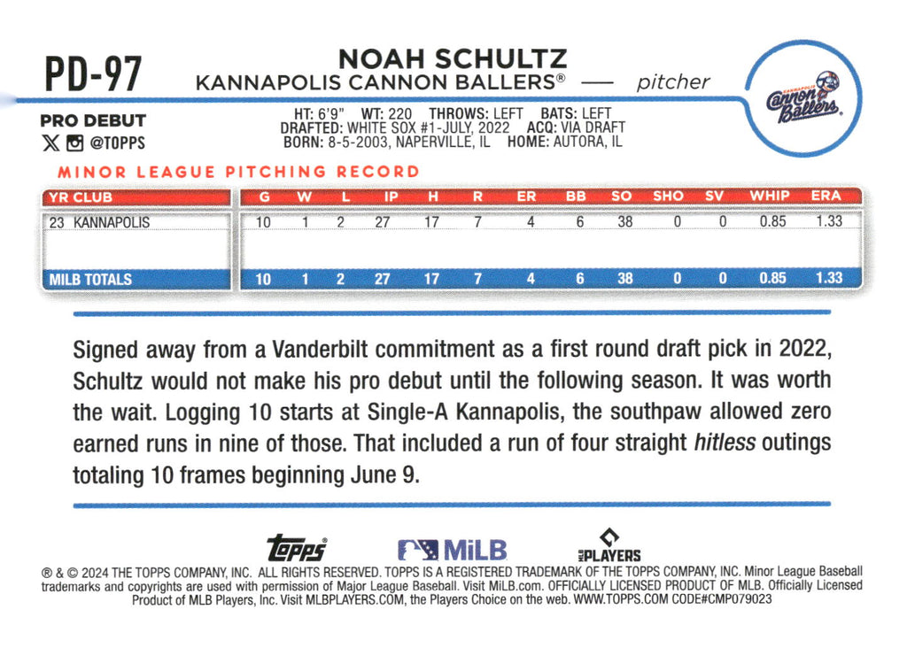 2024 Topps Pro Debut #PD-97 Noah Schultz
