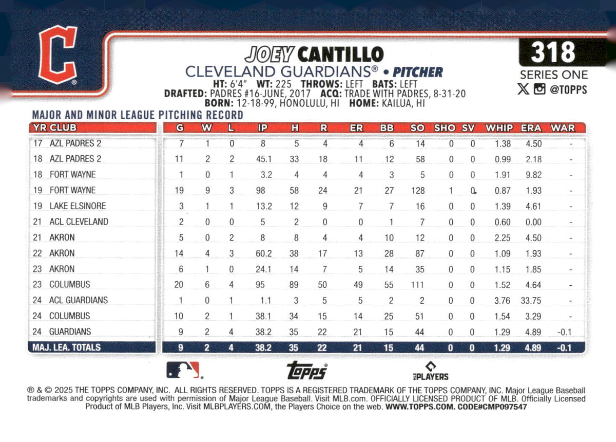 2025 Topps #318 Joey Cantillo