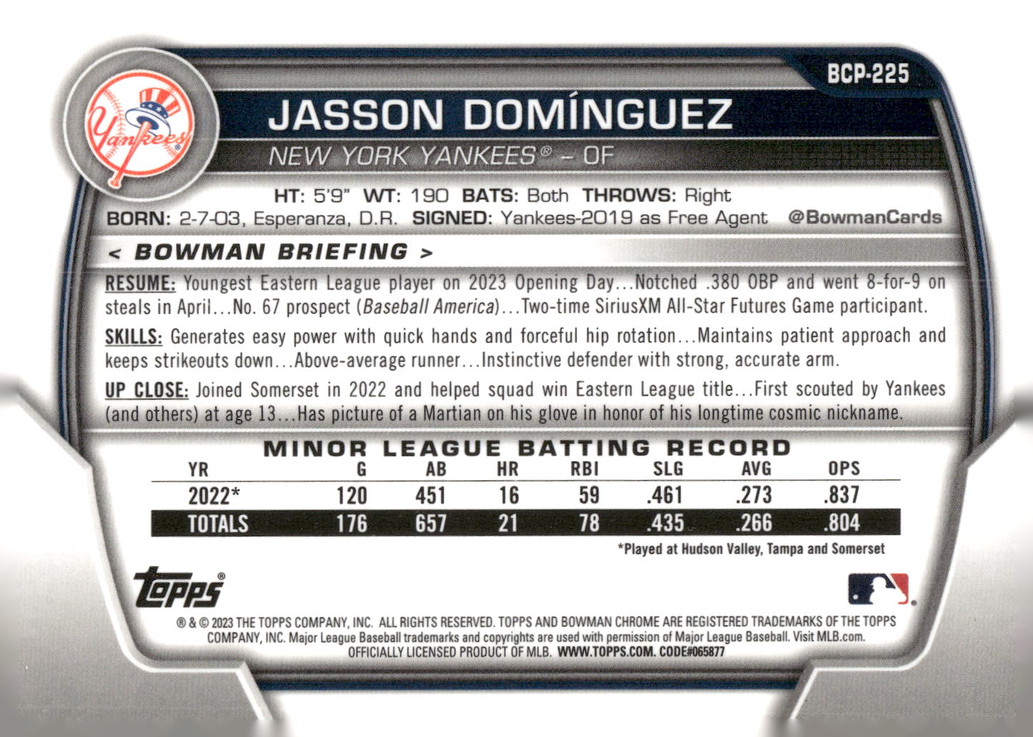 2023 Bowman Chrome #BCP-225 Jasson Domínguez Prospects