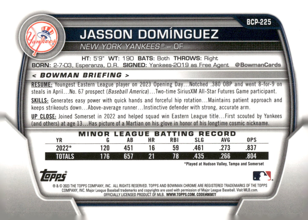 2023 Bowman Chrome #BCP-225 Jasson Domínguez Prospects