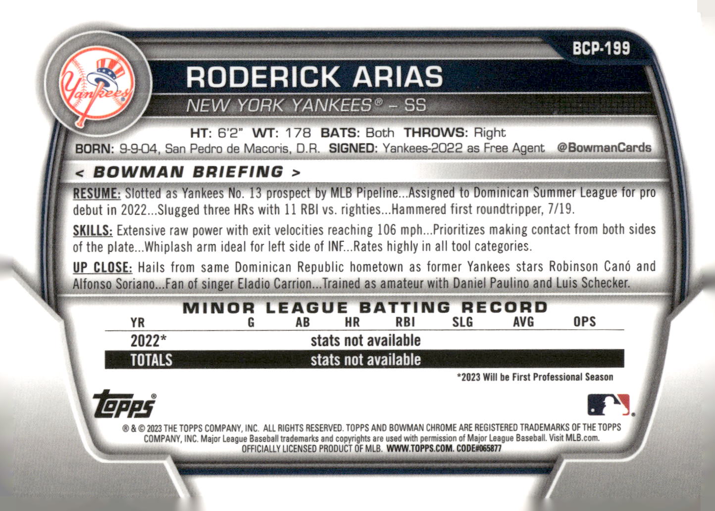 2023 Bowman Chrome #BCP-199 Roderick Arias Prospects
