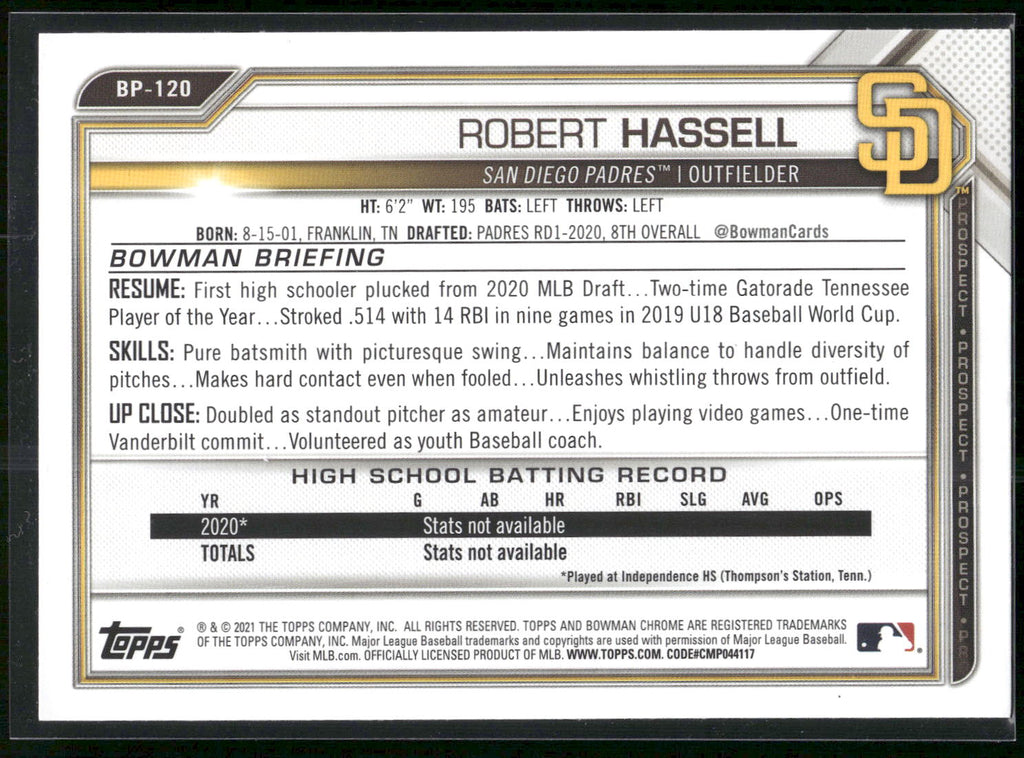2021 Bowman #BP-120 Robert Hassell Prospects