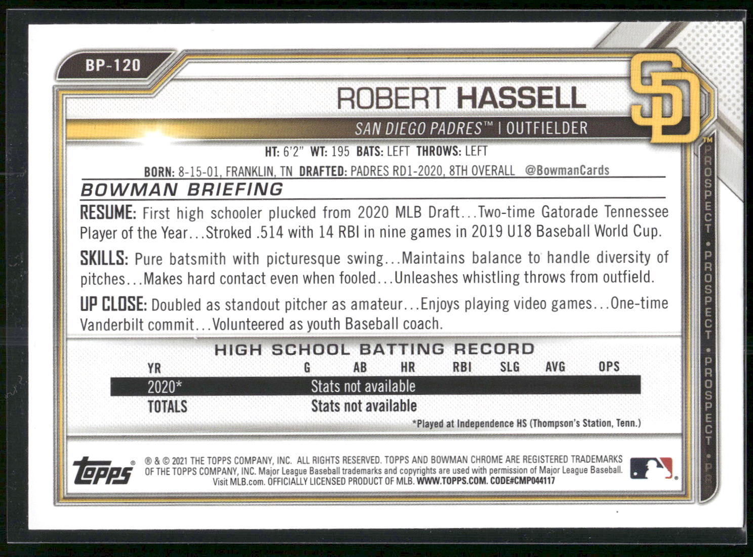 2021 Bowman #BP-120 Robert Hassell Prospects