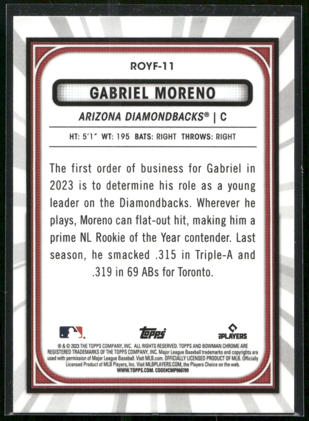 2023 Bowman #ROYF-11 Gabriel Moreno Rookie of the Year Favorites