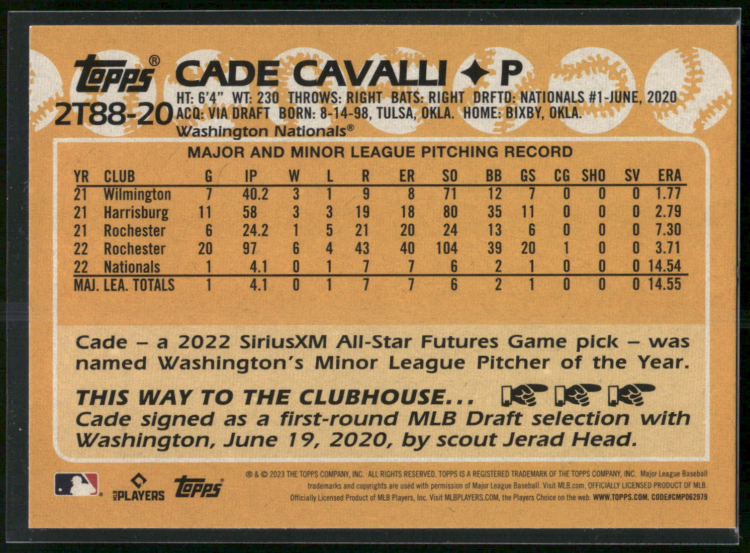 2023 Topps #2T88-20 Cade Cavalli 1988 Topps Baseball 35th Anniversary