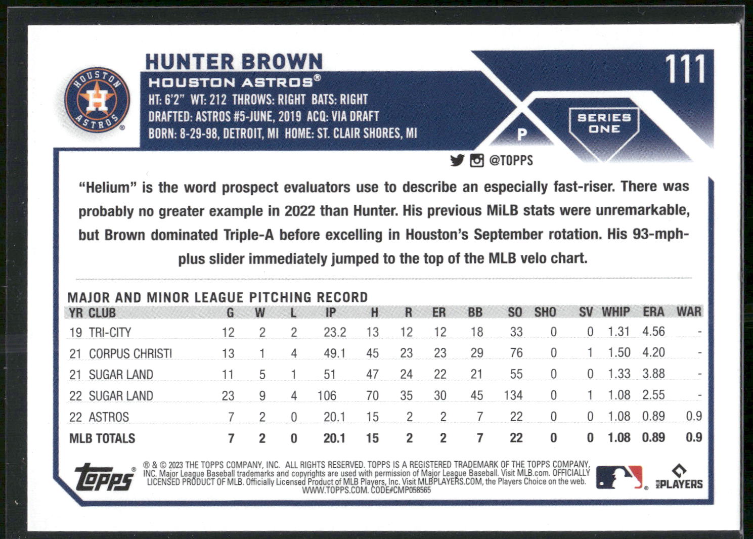 2023 Topps #111 Hunter Brown Royal Blue