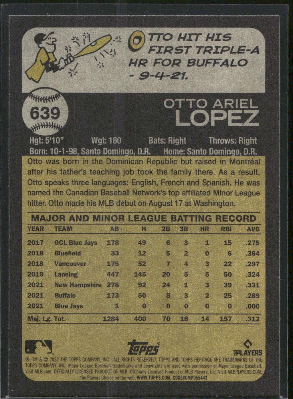 2022 Topps Heritage #639 Otto Lopez