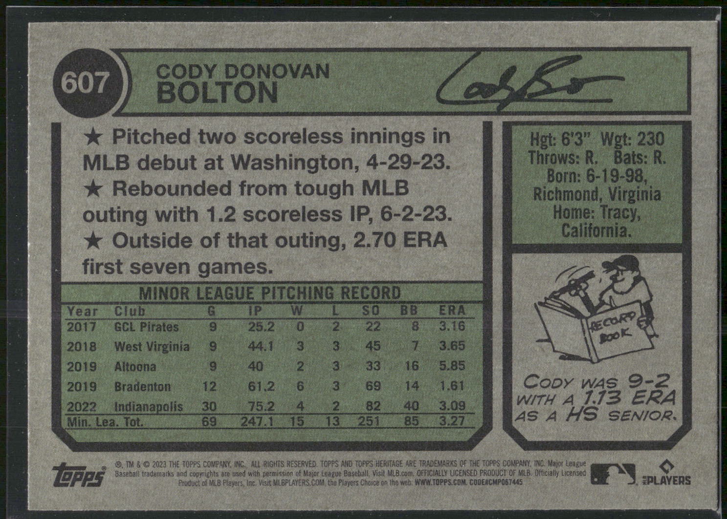 2023 Topps Heritage #607 Cody Bolton