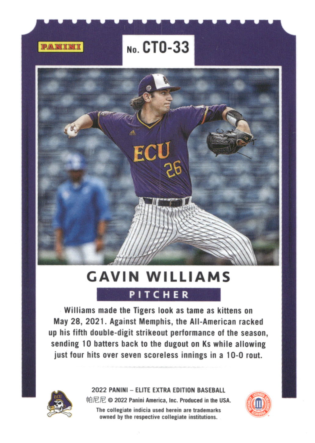 2022 Panini Elite Extra Edition #CTO-33 Gavin Williams College Tickets