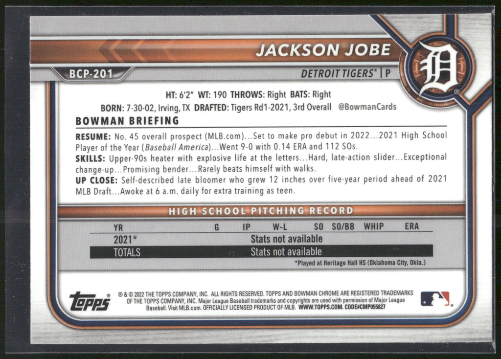2022 Bowman Chrome #BCP-201 Jackson Jobe Prospects