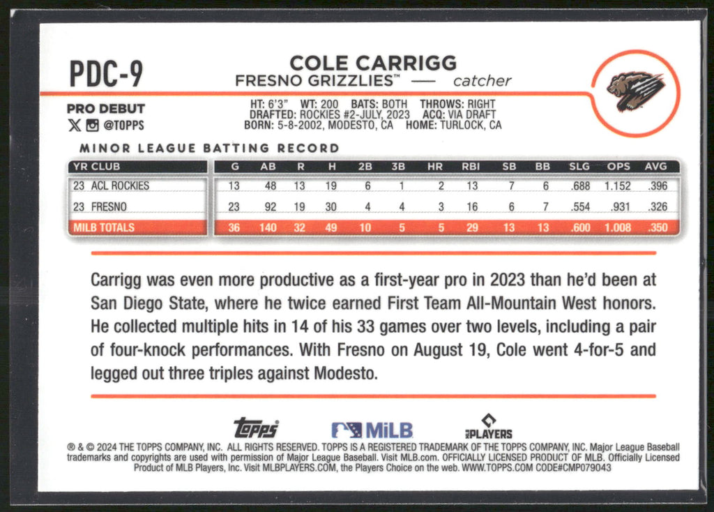 2024 Topps Pro Debut #PDC-9 Cole Carrigg Chrome
