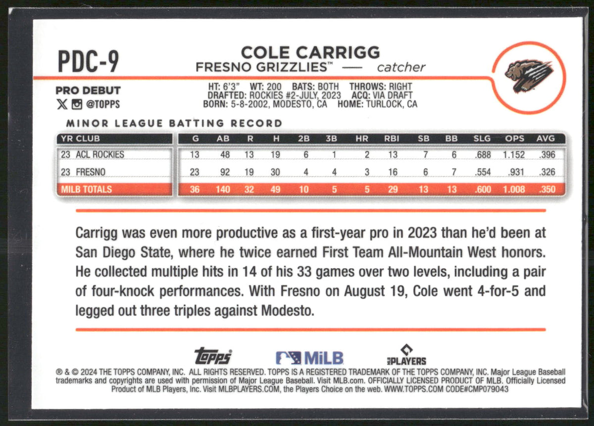 2024 Topps Pro Debut #PDC-9 Cole Carrigg Chrome