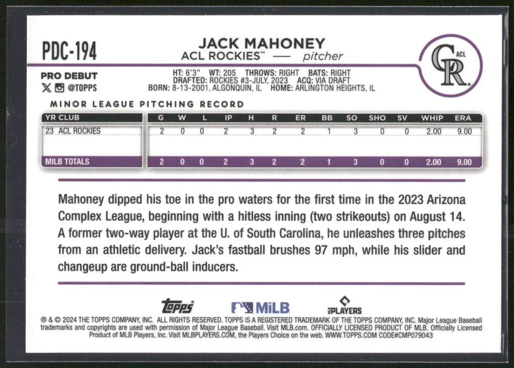 2024 Topps Pro Debut #PDC-194 Jack Mahoney Chrome
