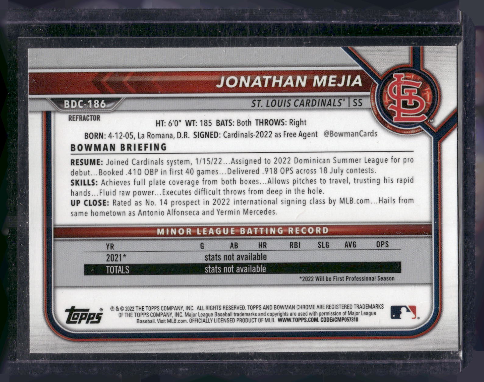 2022 Bowman Draft #BDC-186 Jonathan Mejia Chrome