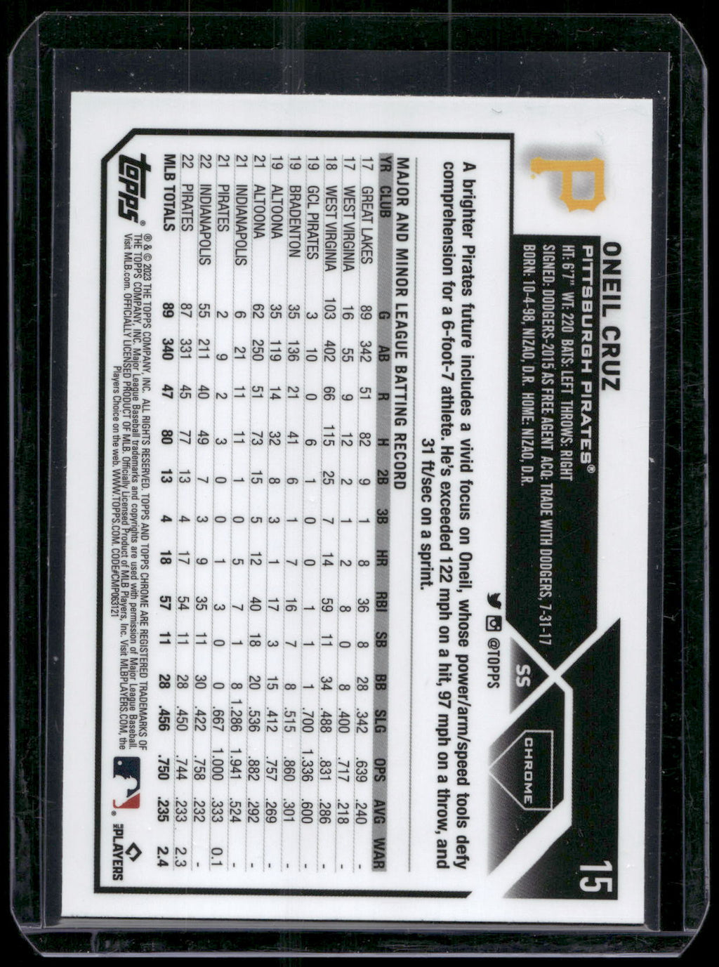 2023 Topps Chrome #15 Oneil Cruz Pink Refractors