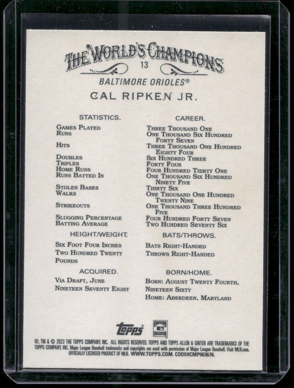 2023 Topps Allen & Ginter #13 Cal Ripken Jr.