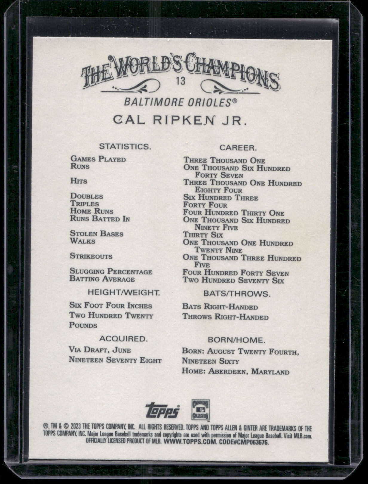 2023 Topps Allen & Ginter #13 Cal Ripken Jr.