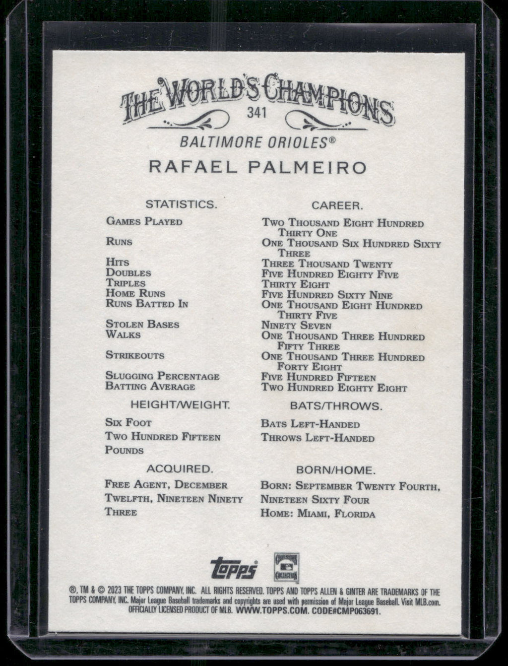 2023 Topps Allen & Ginter #341 Rafael Palmeiro