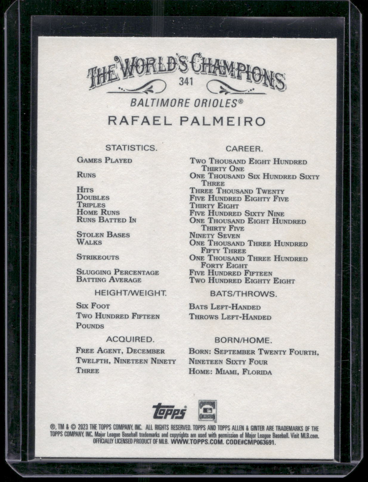 2023 Topps Allen & Ginter #341 Rafael Palmeiro