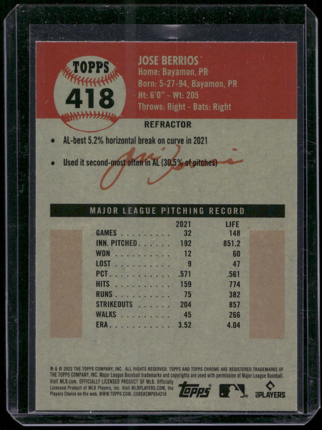 2022 Topps Chrome Platinum Anniversary #418 Jose Berrios