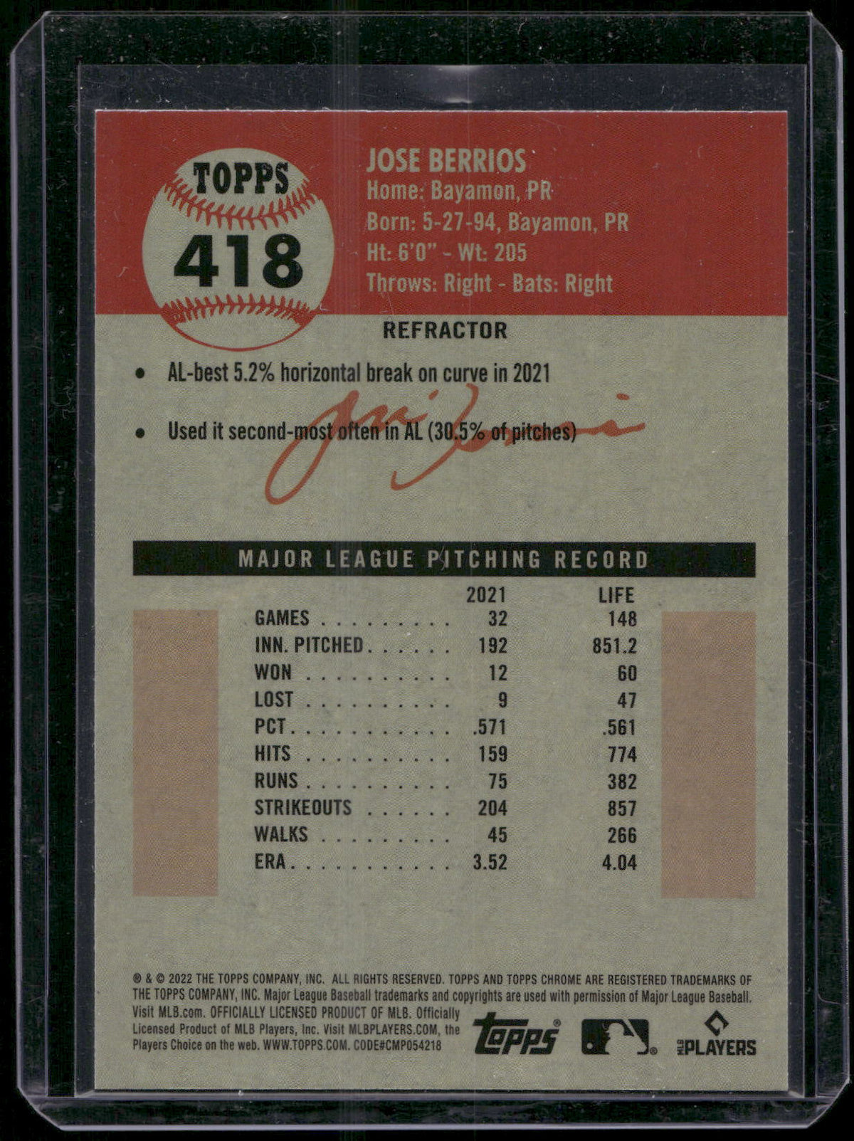 2022 Topps Chrome Platinum Anniversary #418 Jose Berrios