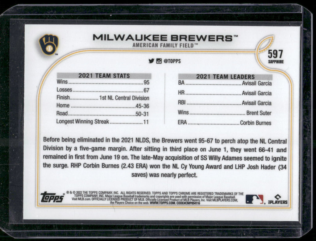 2022 Topps Chrome Sapphire Edition #597 Milwaukee Brewers