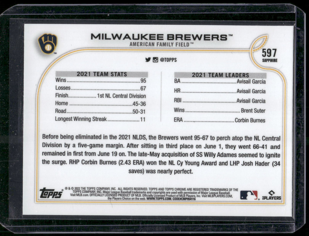 2022 Topps Chrome Sapphire Edition #597 Milwaukee Brewers