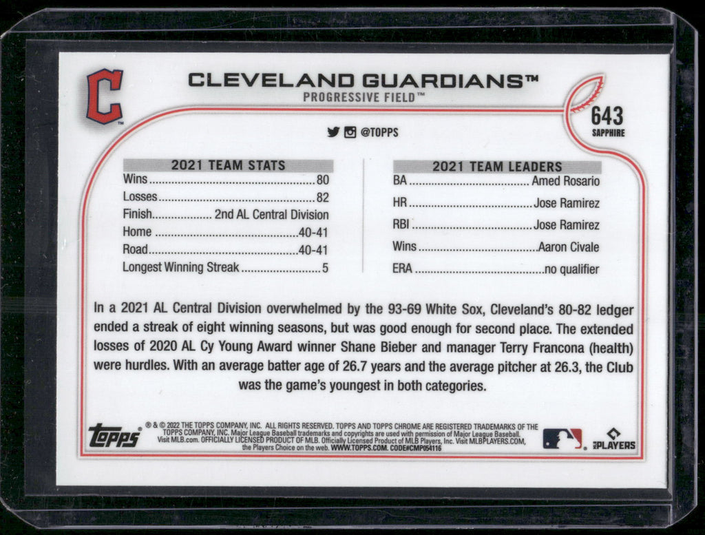 2022 Topps Chrome Sapphire Edition #643 Cleveland Guardians