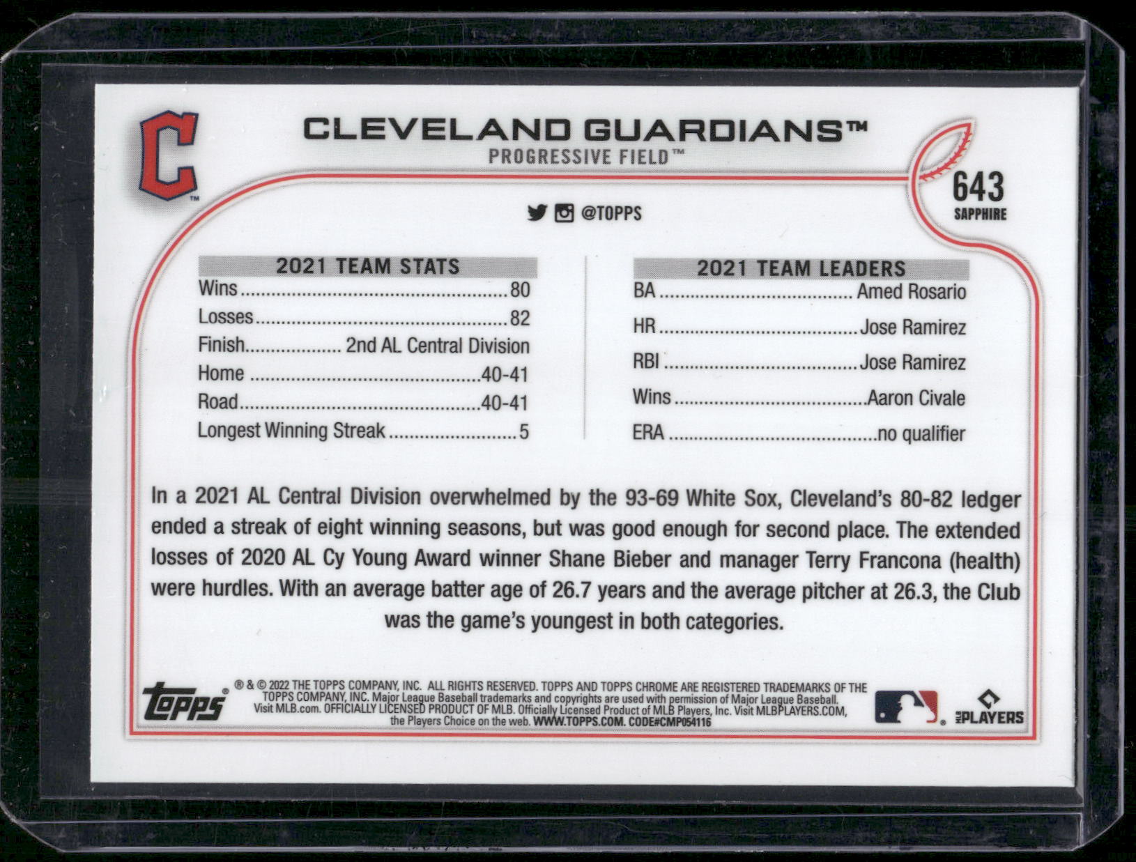 2022 Topps Chrome Sapphire Edition #643 Cleveland Guardians
