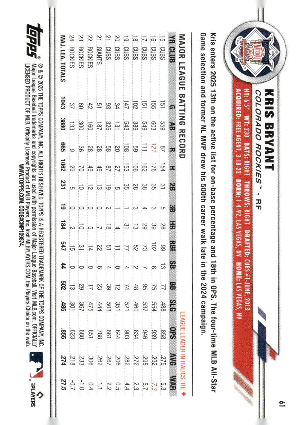 2025 Topps All-Star Game #61 Kris Bryant